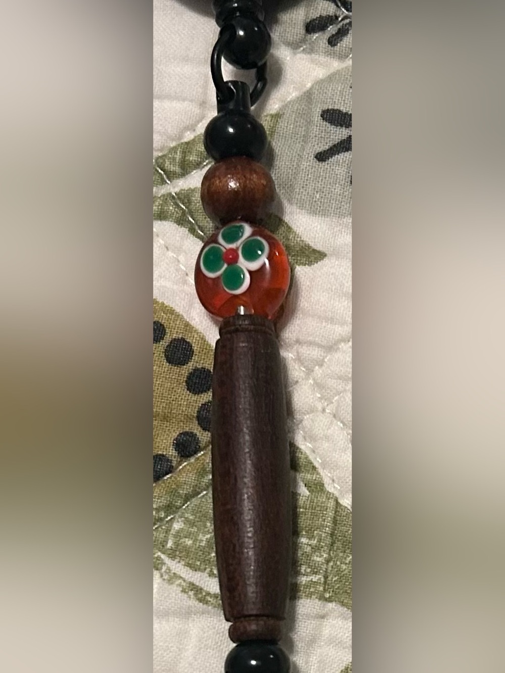 Boho Orange Glass Flower Bead and Brown Wood ID holder